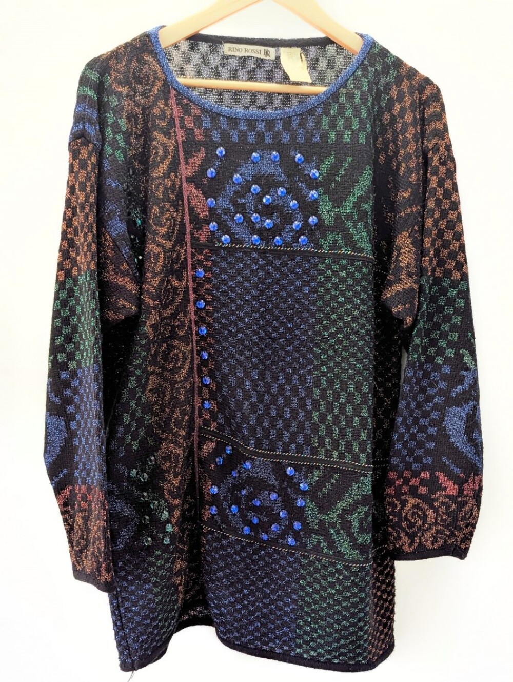 Vintage Rino Rossi Metallic Knit Rhinestone Sweater Colorblock Lurex 80s Size M